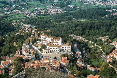 Aerial view of sintra national palace in portugal. landscape with trees and buildings