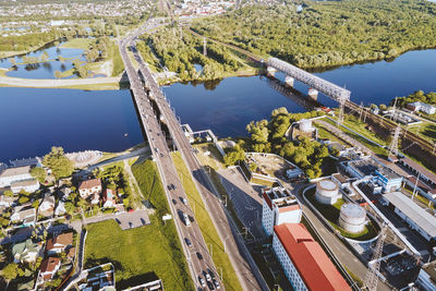 Bridge over sozh river in gomel, belarus. aerial view