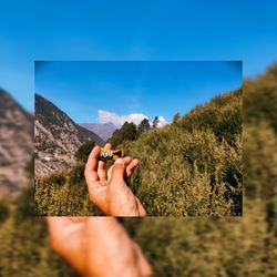 Midsection of hand holding plant against sky