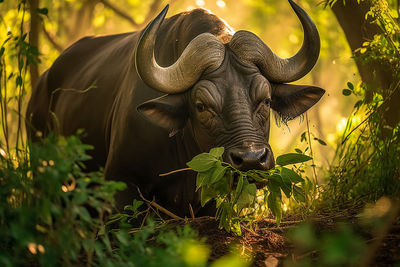 An african buffalo eating herbs, in a green and fairy-like forest