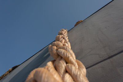 Low angle view of rope tied up against clear sky