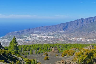 Scenic view of landscape and mountains against blue sky