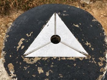 High angle view of old sign on road