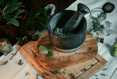 High angle view of potted plant on table