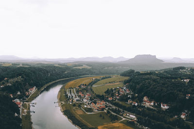 High angle view of city against clear sky