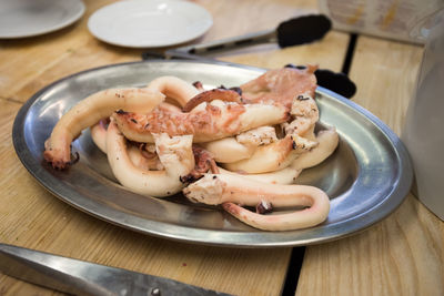High angle view of seafood in plate on table