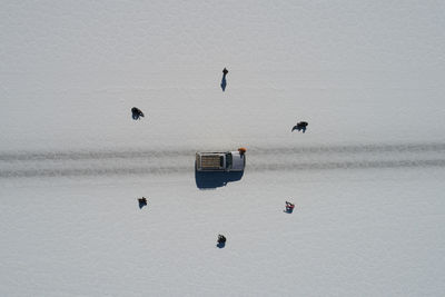 Car crossing the salt flat and people at morning