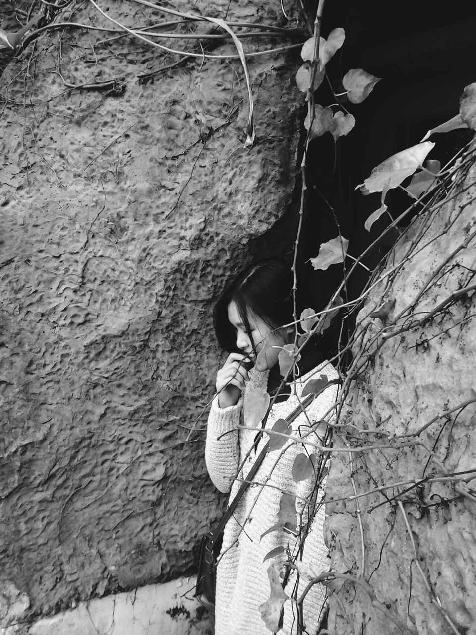 tree trunk, tree, branch, growth, plant, outdoors, day, sunlight, nature, wall - building feature, one person, stone wall, wall, textured, close-up, focus on foreground, rock - object, low angle view, shadow