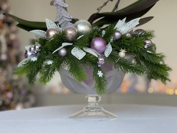 Close-up of christmas decorations on table