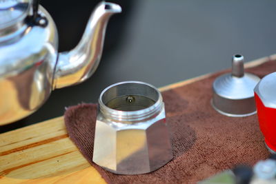 High angle view of coffee cup on table