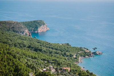 High angle view of bay against clear sky