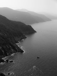 Scenic view of sea and mountains against sky