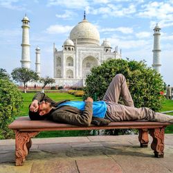 Group of people relaxing on temple