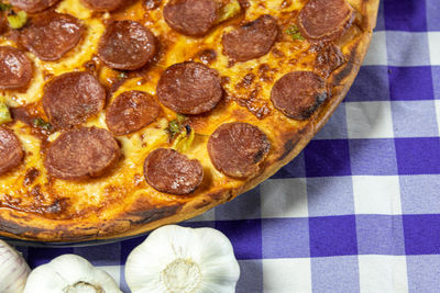 High angle view of pizza on table