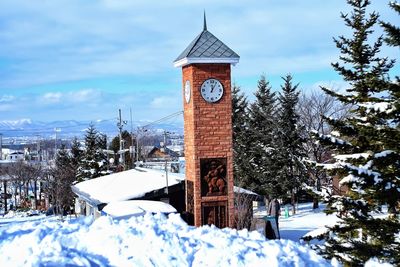 Built structure on snow covered land against sky