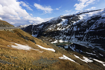 Scenic view of snowcapped mountains against sky