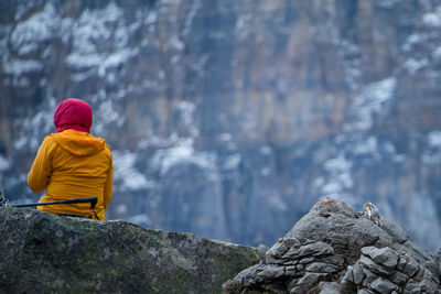 Rear view of man sitting on rock
