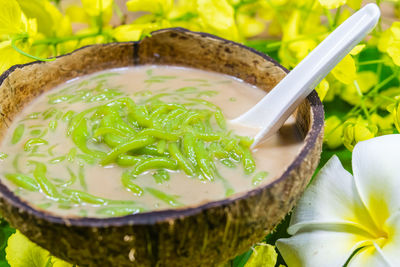 High angle view of soup in bowl on table