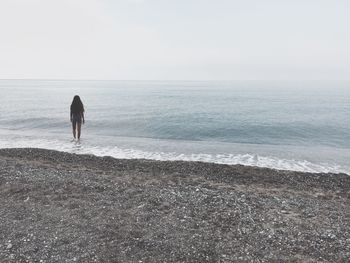 Rear view of man standing on beach against clear sky