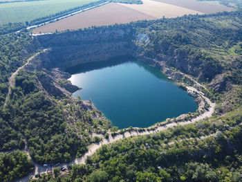 High angle view of bay against clear sky