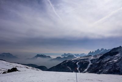 Scenic view of snow covered mountains against sky