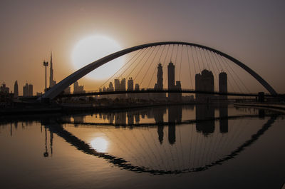 Reflection of cityscape in water at sunset