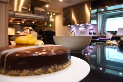 Close-up of cake served on table in restaurant