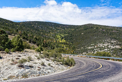 Road leading towards mountains against sky