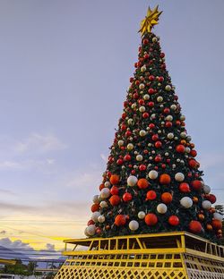 Low angle view of christmas tree against sky