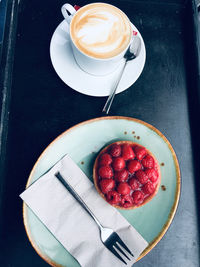 High angle view of breakfast served on table