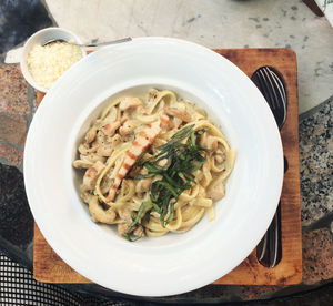 High angle view of pasta in bowl on table