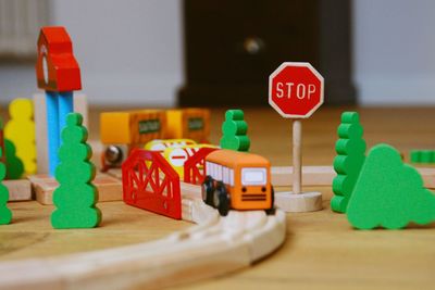 Close-up of toy train on table at home
