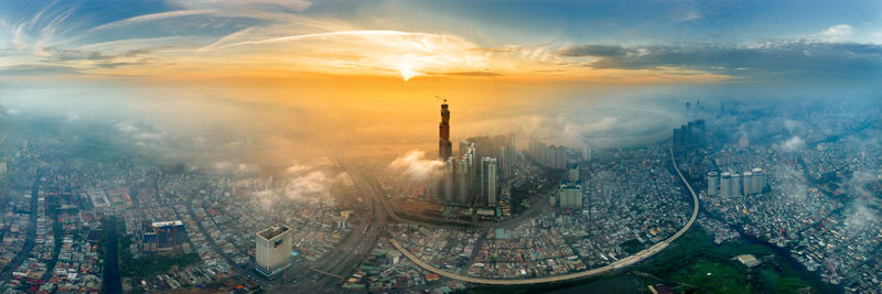 High angle view of cityscape during sunset