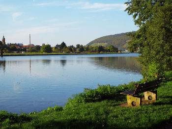 Scenic view of lake against blue sky