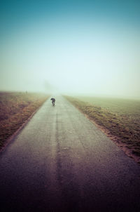 Mid distance view of silhouette dog standing on road against clear sky