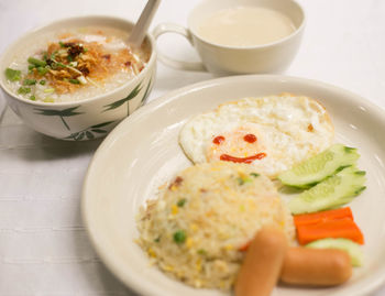 High angle view of meal served on table