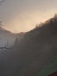 Scenic view of landscape against sky during foggy weather