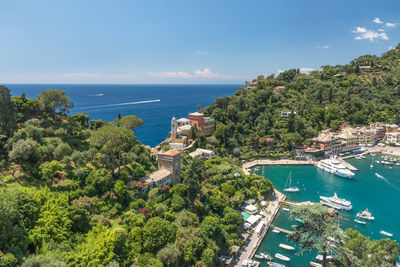 Panorama of portofino seaside bay area with traditional houses, view from castello brown,  italy