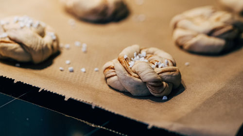 High angle view of shells on table