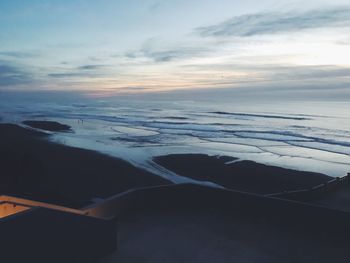 Aerial view of sea against sky during sunset