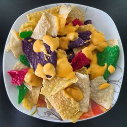 High angle view of breakfast served in plate