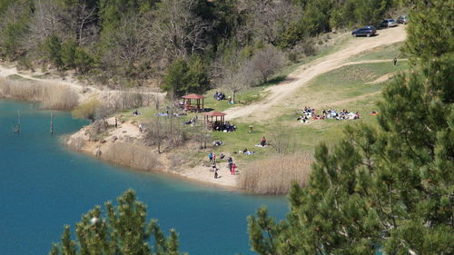 High angle view of people on shore