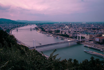 High angle view of bridge in budapest over river danube 