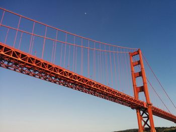 Low angle view of suspension bridge against clear blue sky