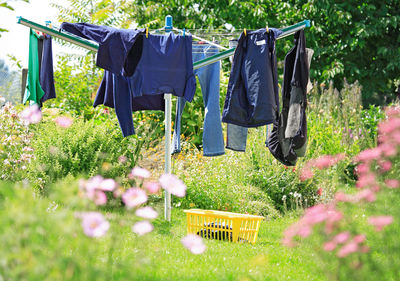 Clothes drying on rotary washing line on grassy field at backyard