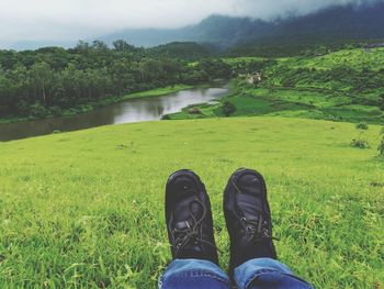 Low section of person on grass by lake