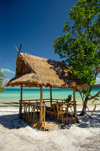 Lifeguard hut on beach against clear sky