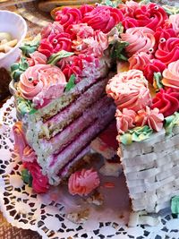 High angle view of pink roses on table