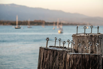 Close-up of wooden posts in sea against sky