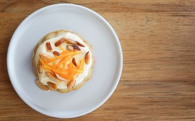 High angle view of breakfast served on table